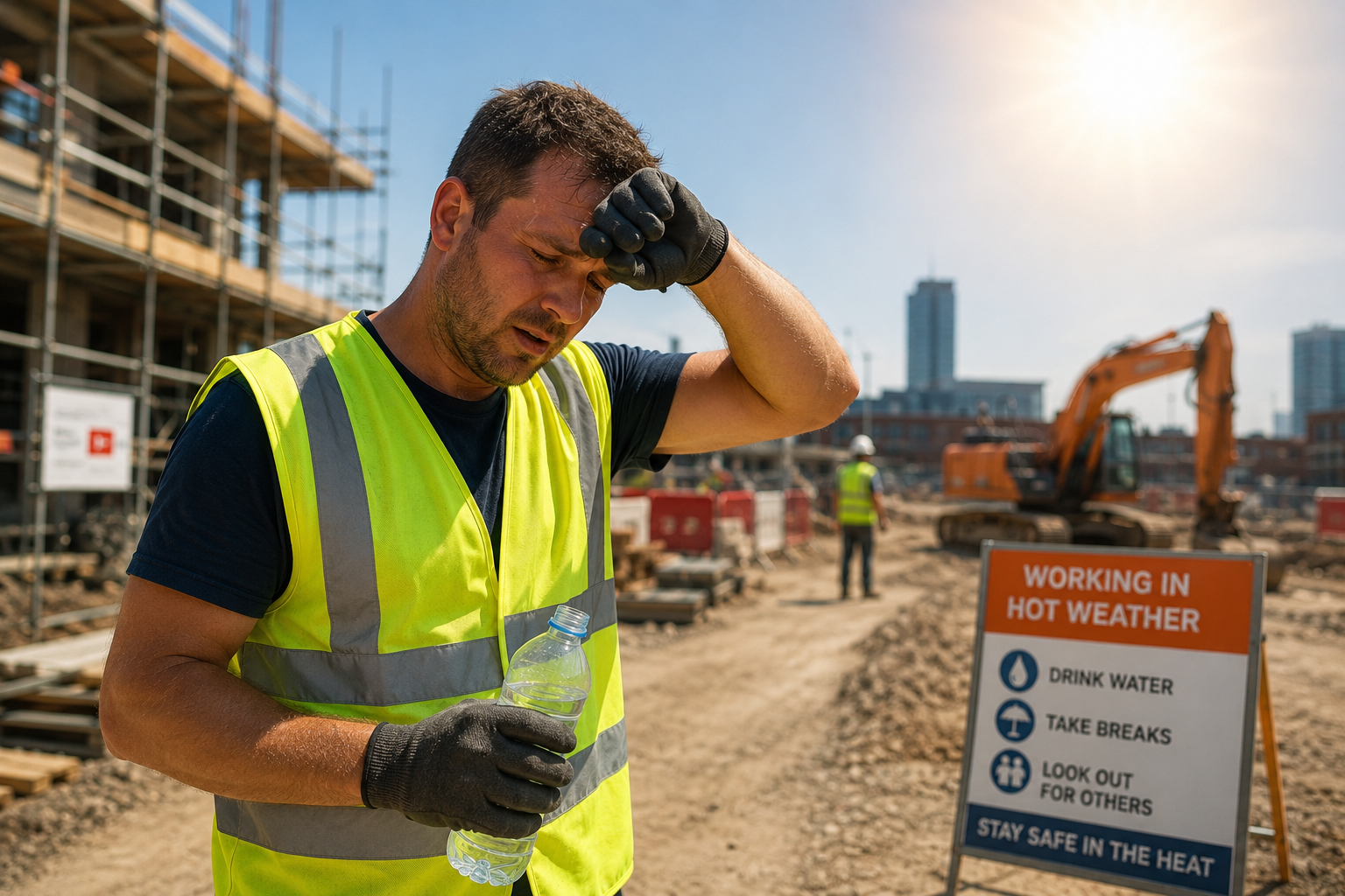 Worker in high visibility vest- n a sunny construction site heat stress at work UK