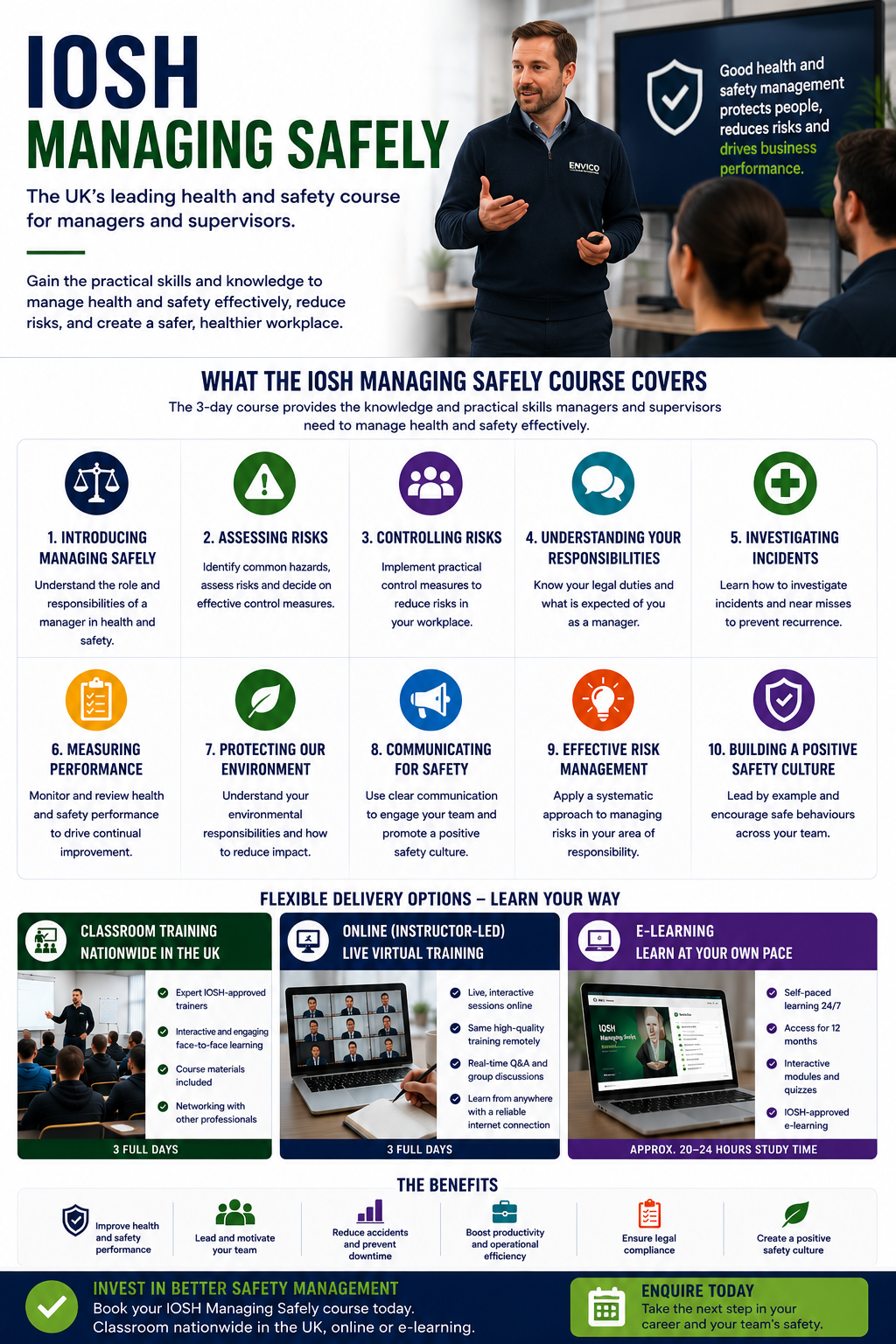IOSH Managing Safely course infographic showing course content, benefits, classroom training nationwide in the UK and online instructor-led learning options.